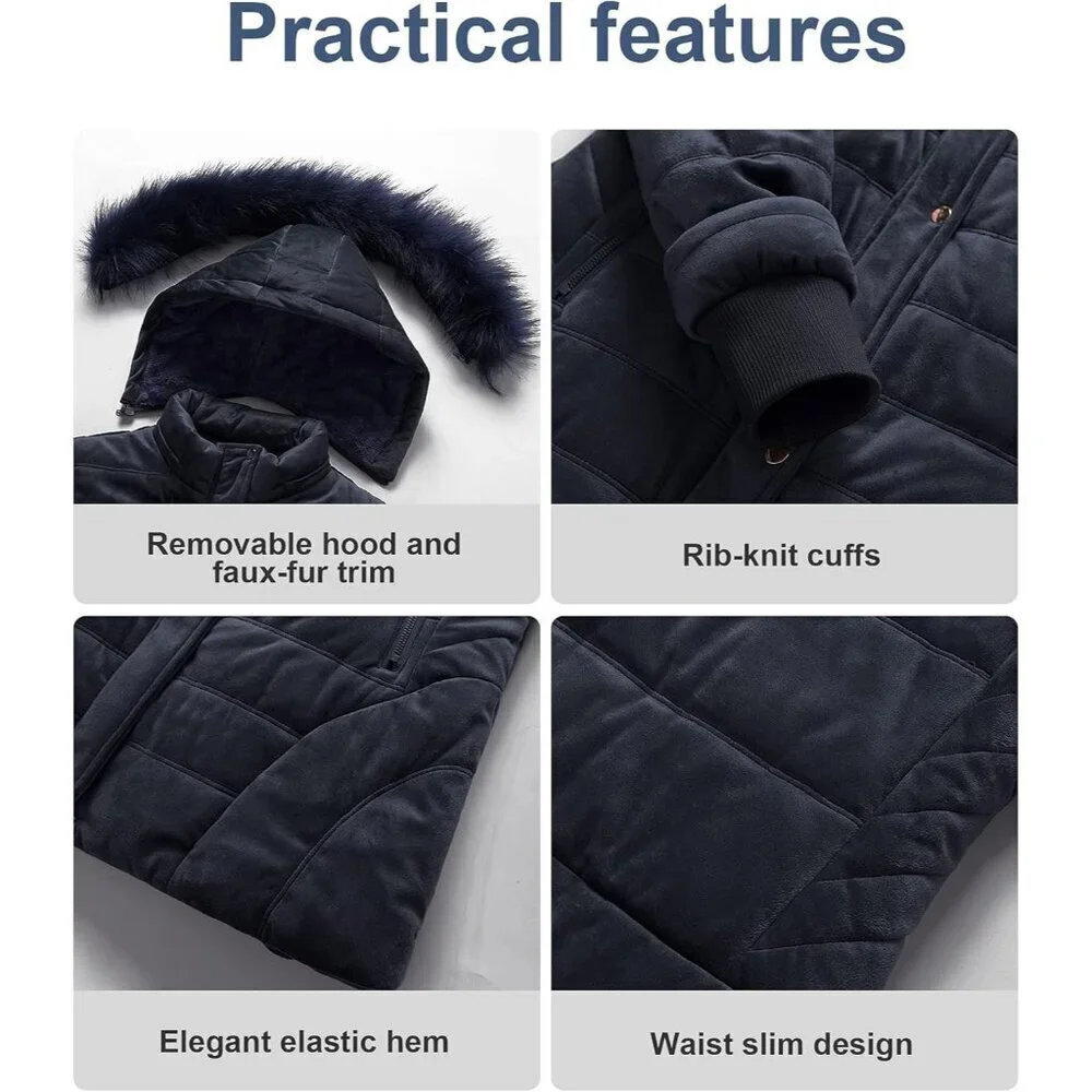 Women's Navy Winter Warm Coat Velvet Quilted Faux Fur Hood Puffer Jacket